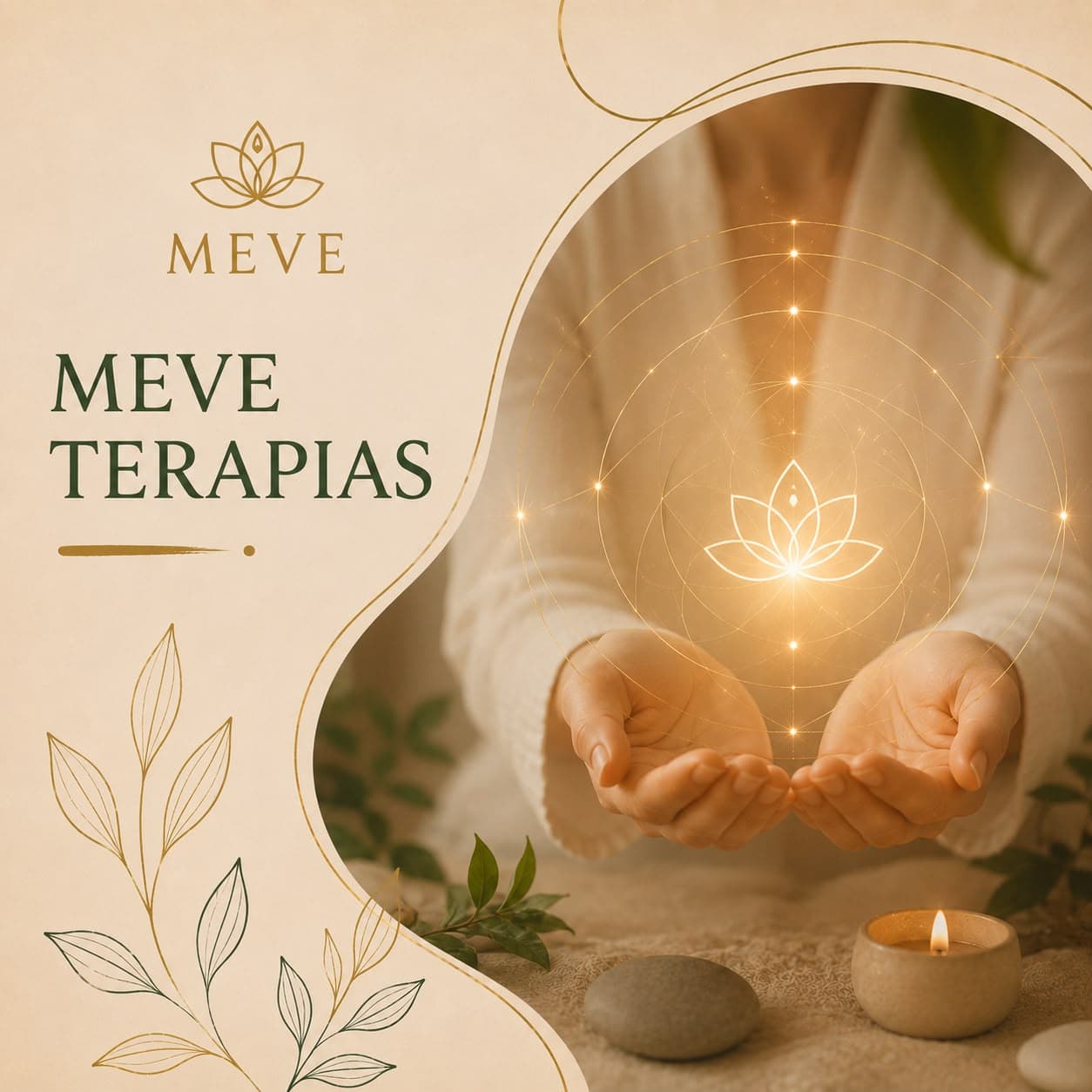 MEVE Terapias: mãos acolhedoras sob uma flor de lótus de luz, por Leila Campelos